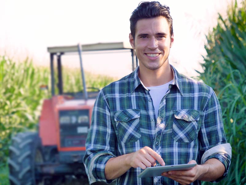 Guy in corn field by tractor with tablet