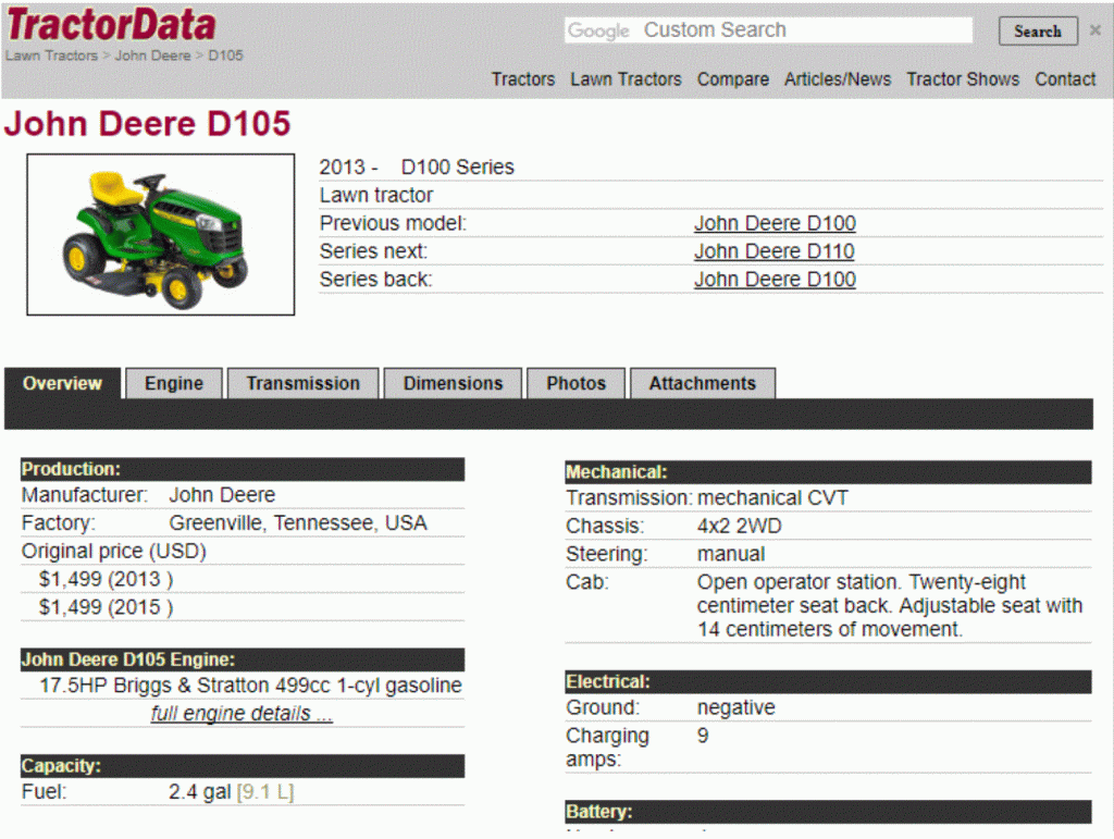 tractordata.com john deere d105